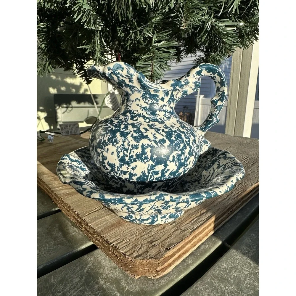 Vtg McCoy Blue Country Spongeware‎ Stoneware Pottery Small Pitcher And Bowl Set